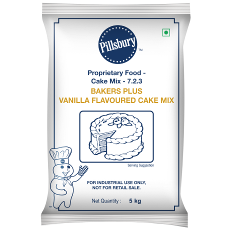 Pillsbury Vanilla Flavoured Cake Mix 5 kg packaging with brand logo, product name, and a cartoon chef on a white background designated for industrial use.