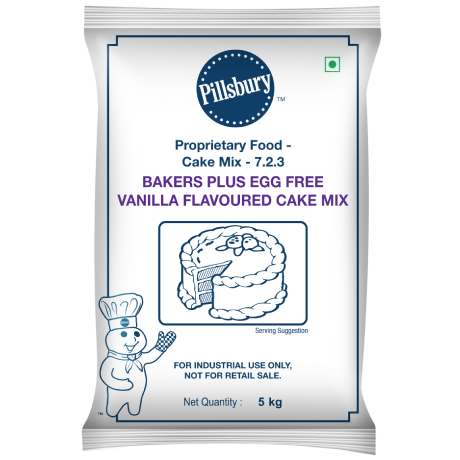 Package of Pillsbury Bakers Plus Egg Free Vanilla Flavoured Cake Mix, 5 kg, with brand logo and an illustration of a cake and the Pillsbury Doughboy, intended for industrial use.