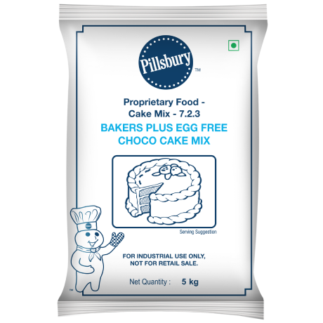 A package of Pillsbury Bakers Plus Egg Free Choco Cake Mix, 5 kg, marked for industrial use with an illustration of a cake and the Pillsbury Doughboy.