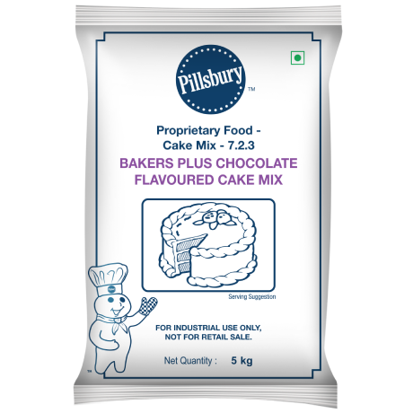 A 5 kg bag of Pillsbury Bakers Plus Chocolate Flavoured Cake Mix, marked for industrial use, with the Pillsbury Doughboy logo.