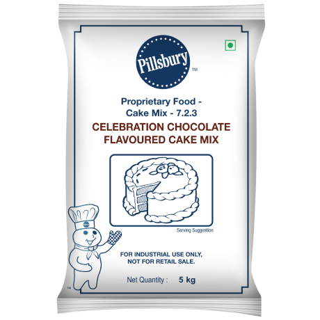 A 5 kg Pillsbury Celebration Chocolate Flavoured Cake Mix package with a graphic of a cake and the Doughboy character; labeled for industrial use only.