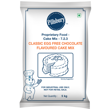 Pillsbury Classic Egg Free Chocolate Flavoured Cake Mix bag, 5 kg, for industrial use, with the Pillsbury Doughboy illustration.