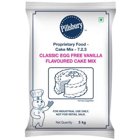 Pillsbury Classic Egg Free Vanilla Flavoured Cake Mix packaging, marked for industrial use, with a net quantity of 5 kg.