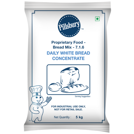 Pillsbury branded 5kg bag of Daily White Bread Concentrate, marked for industrial use with a Pillsbury Doughboy illustration, not for retail sale.