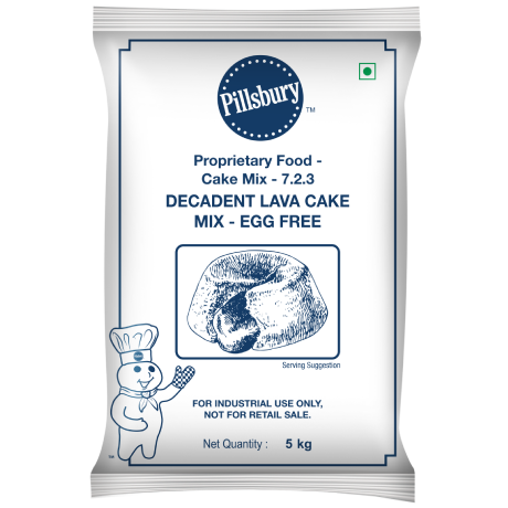 Package of Pillsbury Decadent Lava Cake Mix, egg-free, 5 kg, with Pillsbury Doughboy, for industrial use, not retail sale.