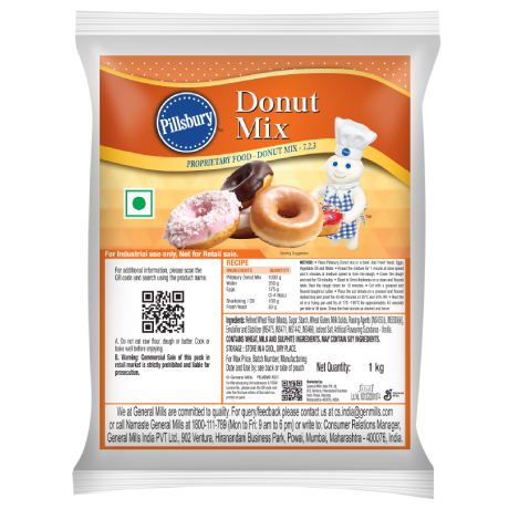 Package of Pillsbury Donut Mix by General Mills India BFS, featuring product image and company contact information for industrial use.