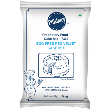 Pillsbury Egg Free Red Velvet Cake Mix package, 5 kg, with the brand's doughboy character, for industrial use, not retail sale.
