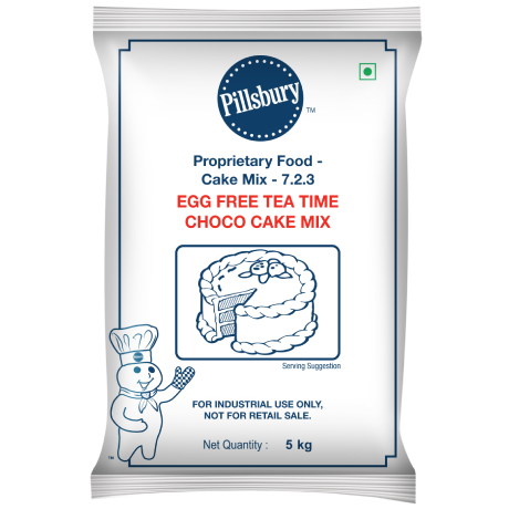 A package of Pillsbury Egg Free Tea Time Choco Cake Mix, net quantity 5 kg, indicated for industrial use, with an illustration of a cake and the Pillsbury Doughboy.