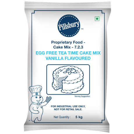 A package of Pillsbury Egg Free Tea Time Cake Mix, vanilla flavoured, 5 kg bag, for industrial use, with the Pillsbury Doughboy illustration.