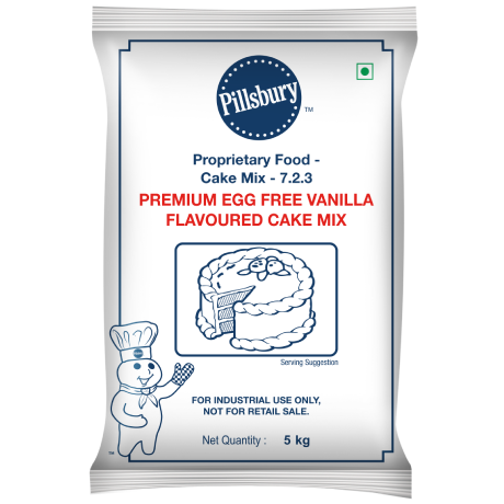 A 5 kg pack of Pillsbury Premium Egg Free Vanilla Flavoured Cake Mix, marked for industrial use and not for retail sale.