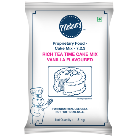 Pillsbury Rich Tea Time Cake Mix, Vanilla Flavored, packaged in a 5 kg white bag with blue accents and the Pillsbury Doughboy, for industrial use.