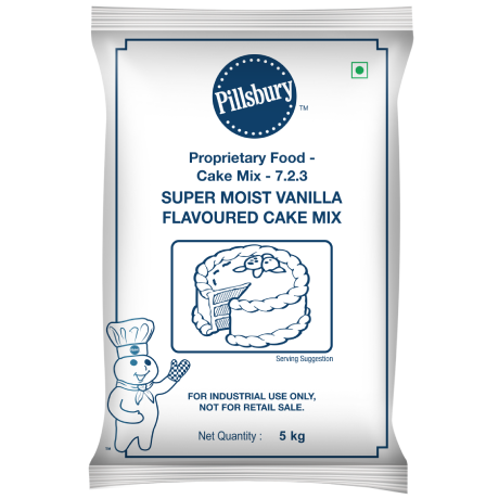 Packet of Pillsbury Super Moist Vanilla Flavoured Cake Mix, 5 kg, marked for industrial use, with the Pillsbury Doughboy and a cake image.
