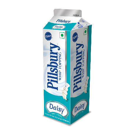 A carton of Pillsbury Daisy brand Whipped Topping with the logo and product name prominently displayed on a blue and white background.