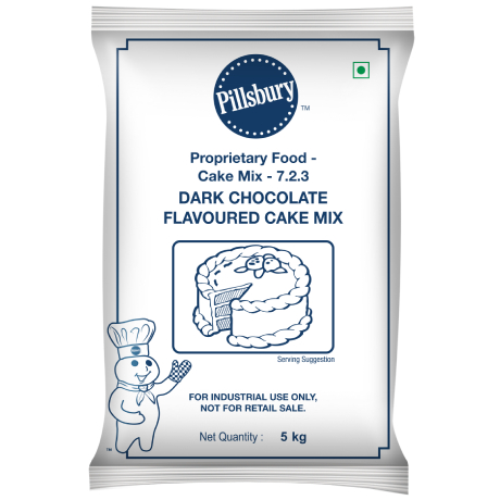 A 5kg Pillsbury Dark Chocolate Flavoured Cake Mix packet, marked for industrial use, with a Doughboy illustration and cake image.
