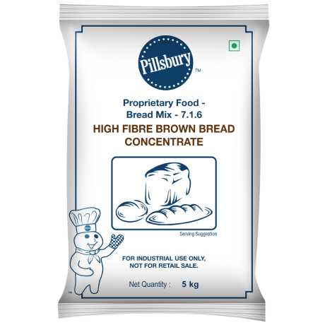 Pillsbury High Fibre Brown Bread Concentrate package, 5 kg, with brand mascot and serving suggestion illustration, labeled 'For Industrial Use Only, Not for Retail Sale'.