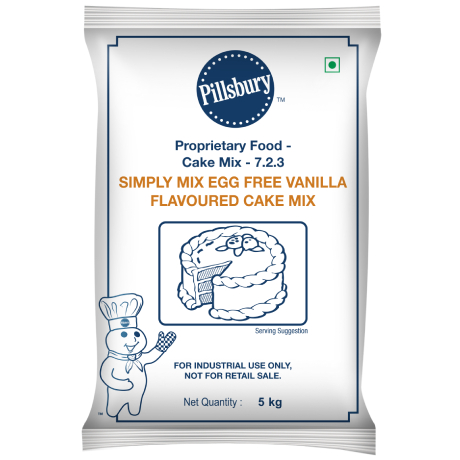 Pillsbury 5 kg Simply Mix Egg Free Vanilla Flavored Cake Mix package, industrial use only, featuring Pillsbury Doughboy.
