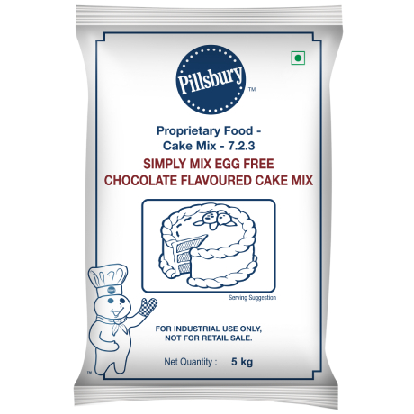 A Pillsbury Simply Mix Egg Free Chocolate Flavoured Cake Mix packet, 5 kg, with branding and a cartoon chef character, labeled for industrial use, not retail sale.